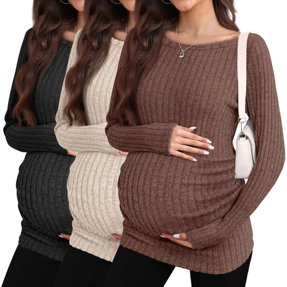 3 Pack Maternity Sweaters Long Sleeve Boat Neck Ribbed Lightweight Pregnancy